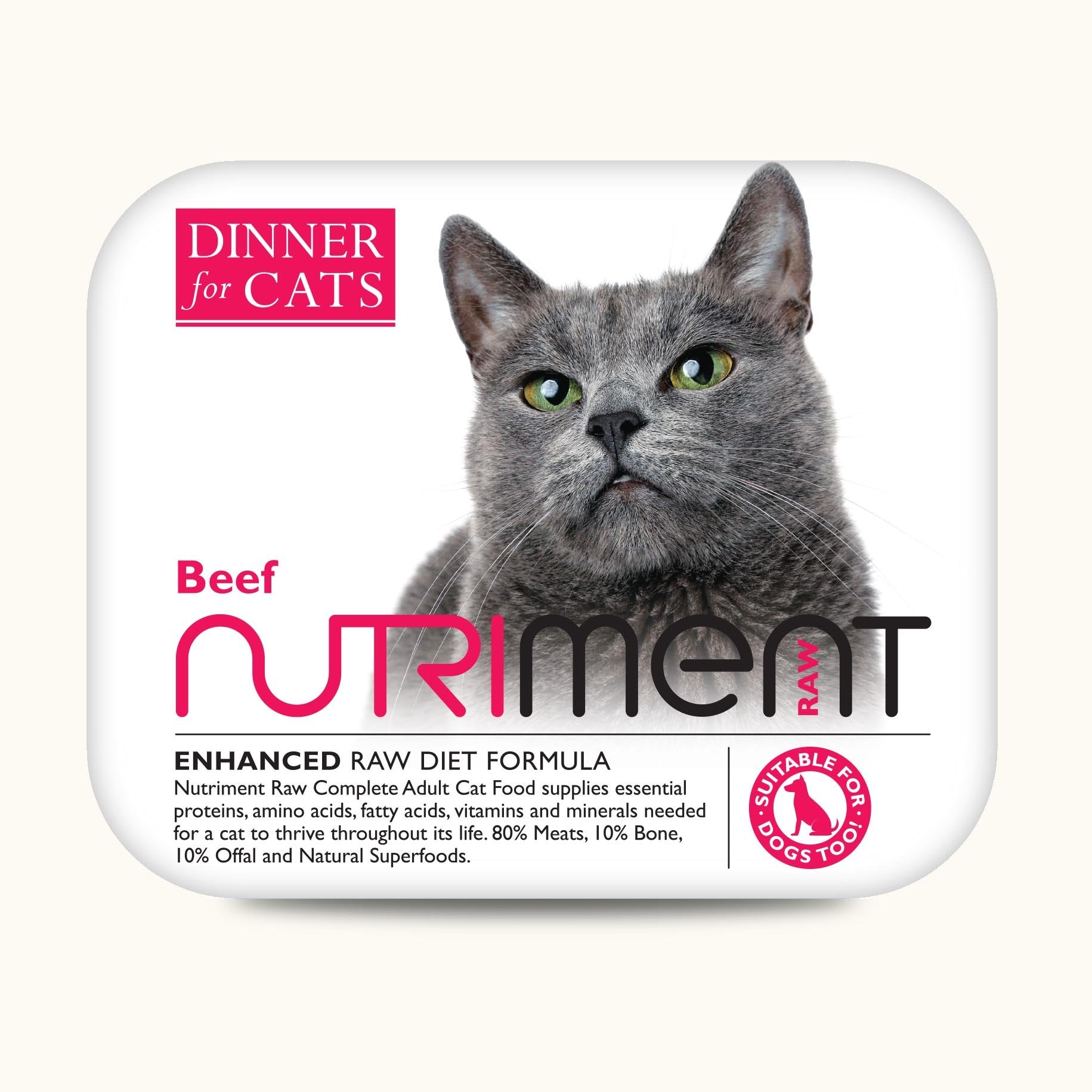 Nutriment DinneraeforaeCatsaeis a complete food enhanced with superfoods. Available in beef salmon aechicken venison and rabbit. Buy onlineaetoday Imperial Pets