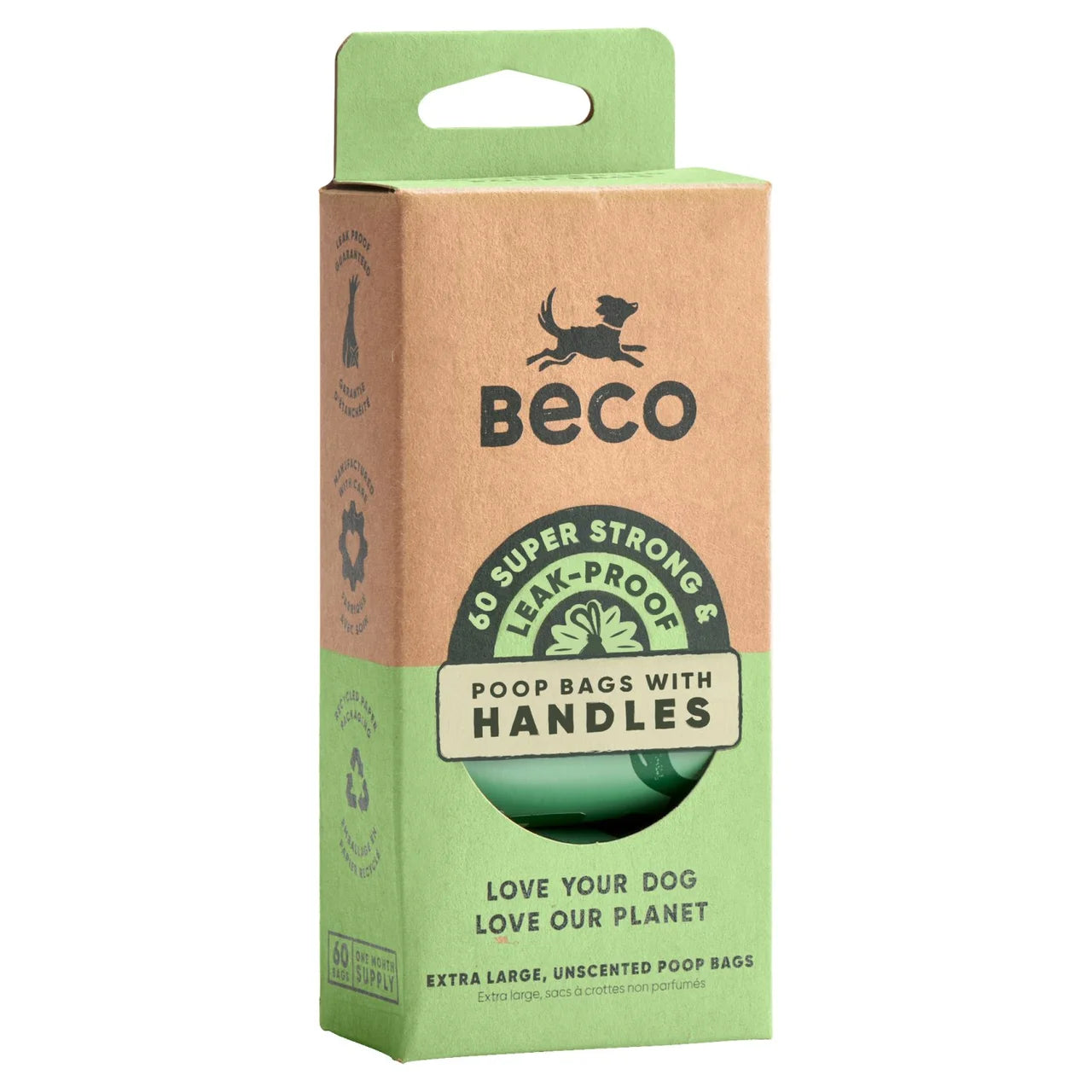 Beco Poo Bag Rolls Unscented with Handles 4 Rolls (60 Bags)