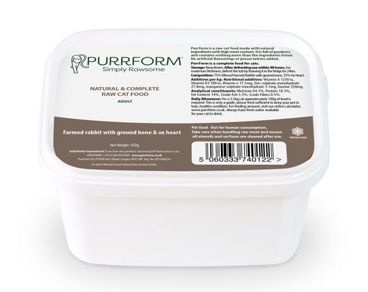 Purrform ADULT Farmed Rabbit with Ground Bone & Ox Heart 450g